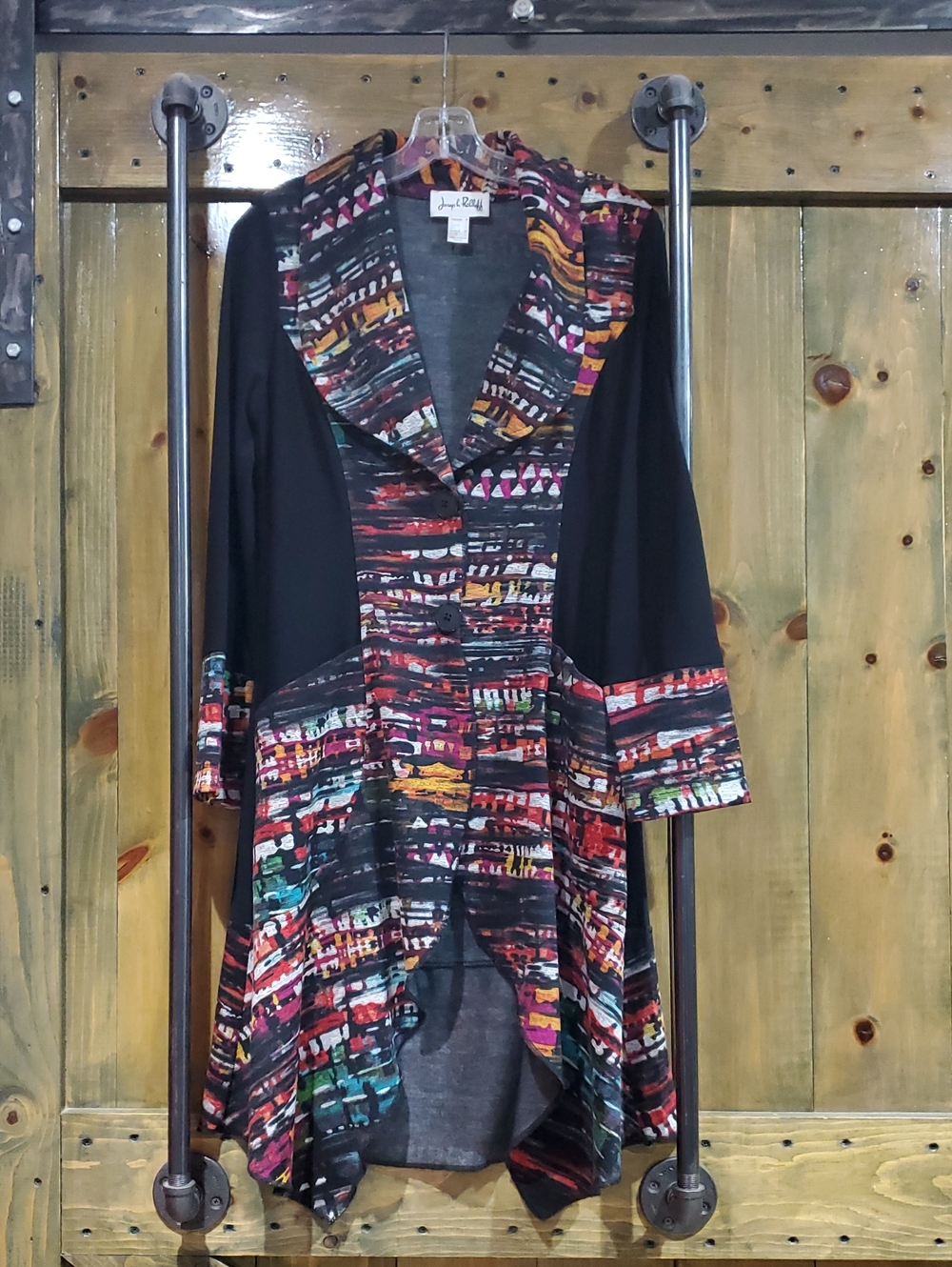 Joseph Ribkoff Black Sweater Cardigan Multicolor Trim Fun Loud Drama Statement